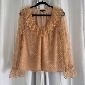 J.Crew Sheer Swiss Dot Ruffle Blouse Nude Beige Long Sleeve Women’s Large